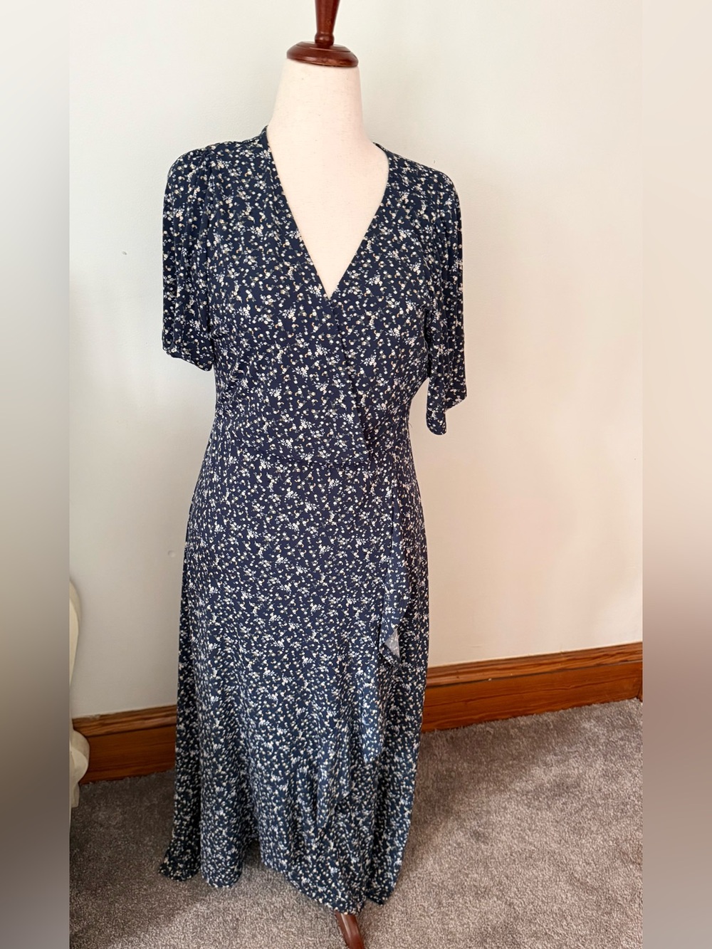 Navy Floral Wrap Midi Dress